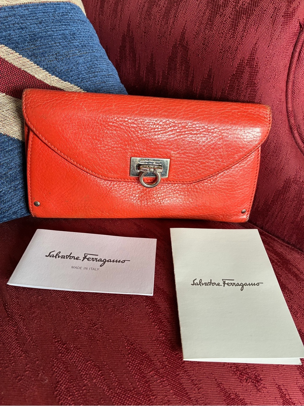 Salvatore Ferragamo Orange Pebbled Leather Clutch Purse with Original Papers